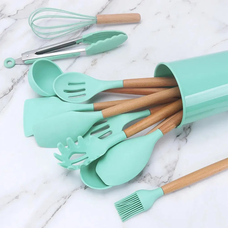 Kit 12 Peças Colher para Cozinha Silicone BPA Antiferrugem Utensílios de Cozinha Jogo de Colher