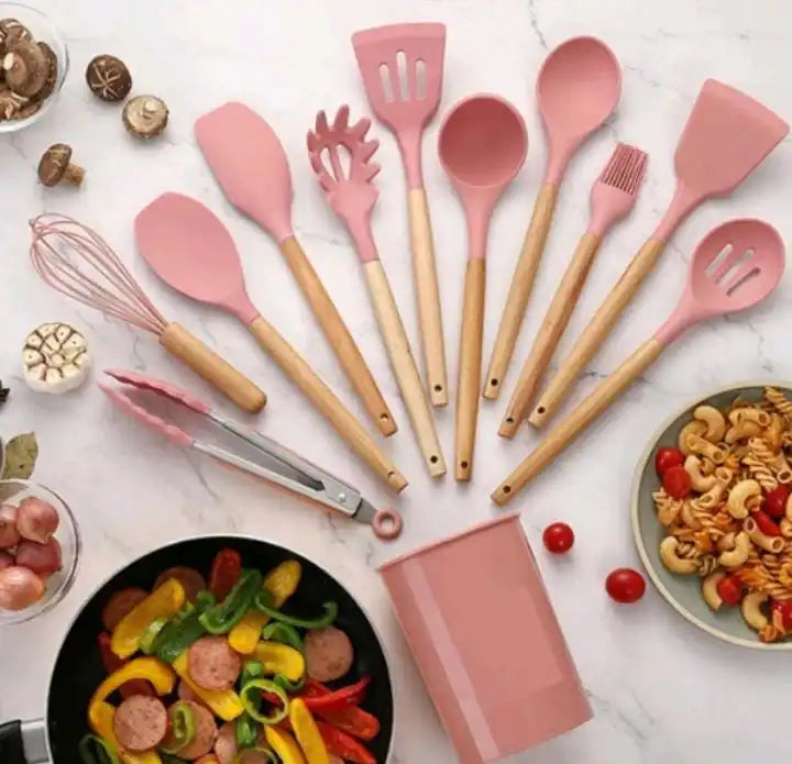 Kit 12 Peças Colher para Cozinha Silicone BPA Antiferrugem Utensílios de Cozinha Jogo de Colher